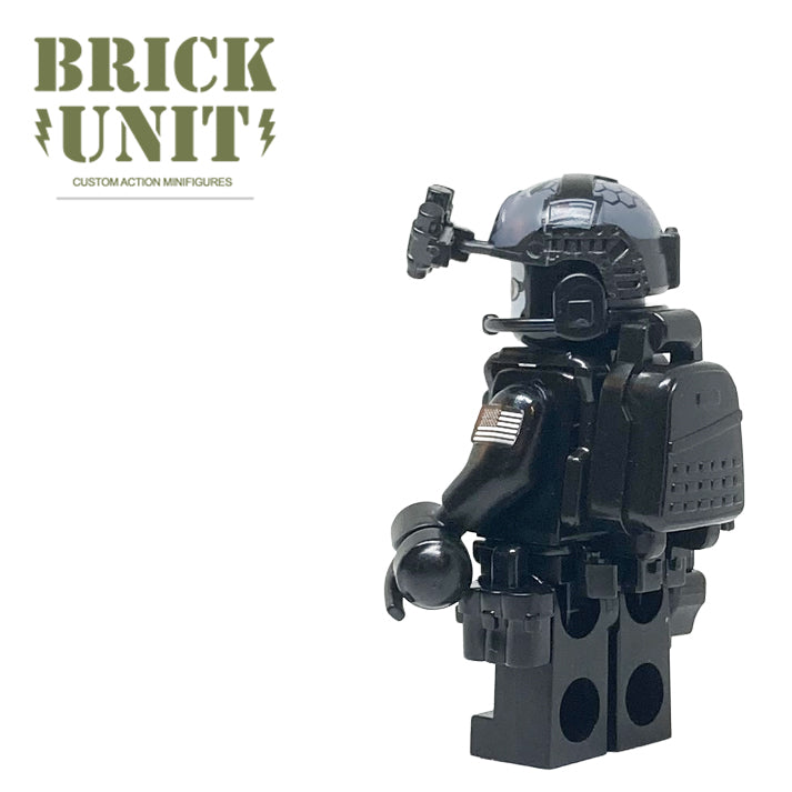 back view of call of duty ghost custom lego minifigure with fast helmet with nvg ,headset,backpack and weapon