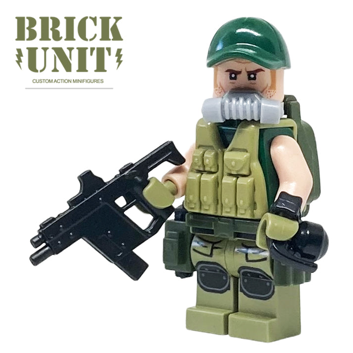 A custom lego the division agent minifigure wearing a green sleeveless shirt,olive tactical gear,cap,gas mask,backpack,watch,olive cargo legs and vector smg.
