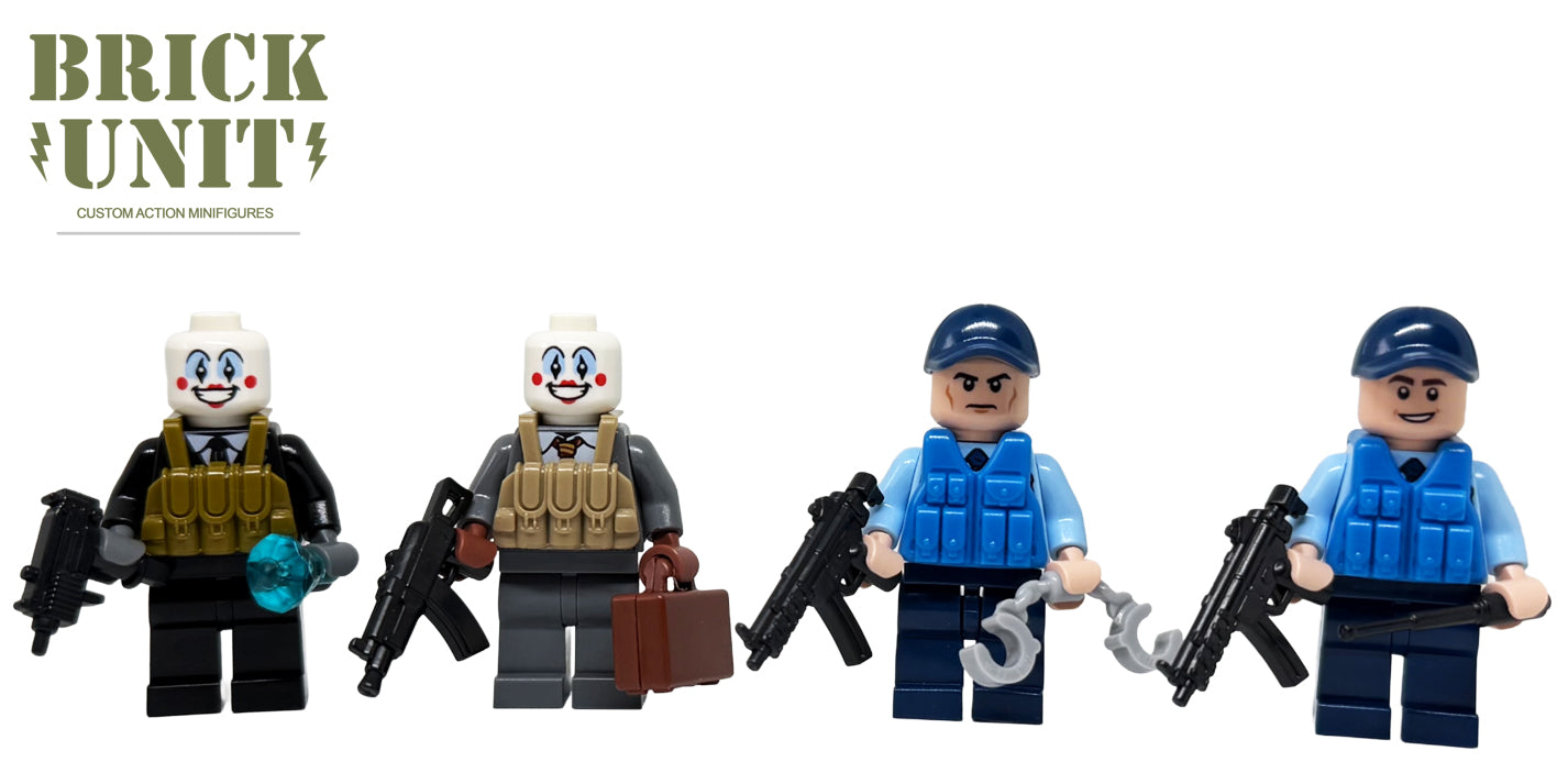 a custom lego minifigure set of two bank robbers with clown mask wearing suits and tactical gear and two police officers.