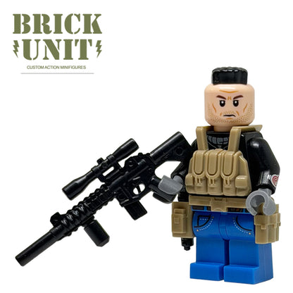 a custom lego call of duty soap mc tavish minifigure with iconic mohawk hair piece,blue jeans pants,dark tan tactical gear,amd m110 rifle