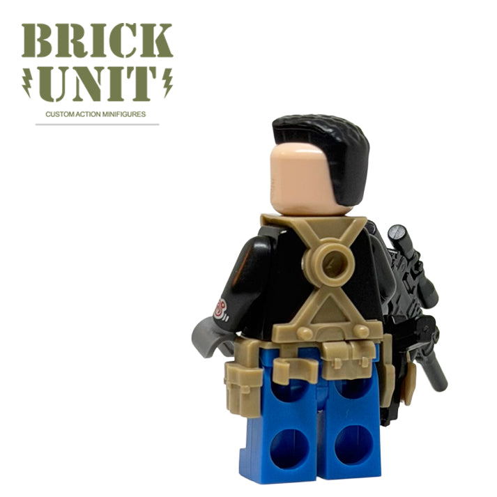 a custom lego call of duty soap mc tavish minifigure with iconic mohawk hair piece,blue jeans pants,dark tan tactical gear,amd m110 rifle