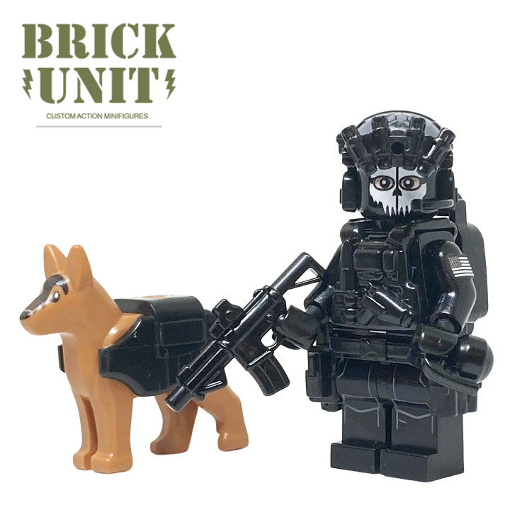 Call of Duty Ghost and Ripley dog custom lego minifigure set in black uniform,tactical gear and honey badger gun