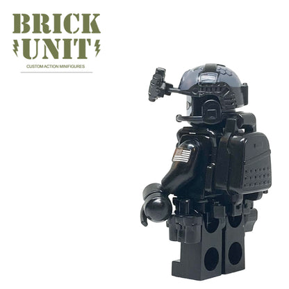 back view of call of duty ghost custom lego minifigure with fast helmet with nvg ,headset,backpack and weapon