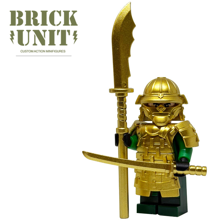 a custom lego japanese samurai minifigure in golden armor,in green uniform,holding a polearm and a katana sword.