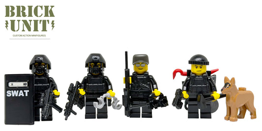 a custom lego police swat team of 4 swat officers minifigures in black with helmets,gas masks,tactical gear,ballistic shield,weapons and accessories and a police k9 dog.