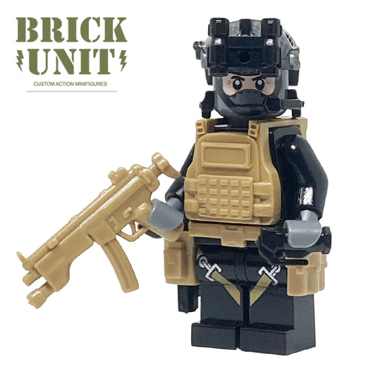 a modern sas operator custom lego minifigure in black uniform with dark tan tactical gear,balaclava printed head and MP5 smg