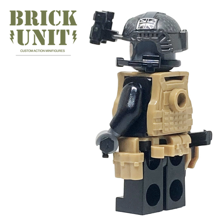 back view of sas operator custom lego minifig in black and dark tan tactical equipment