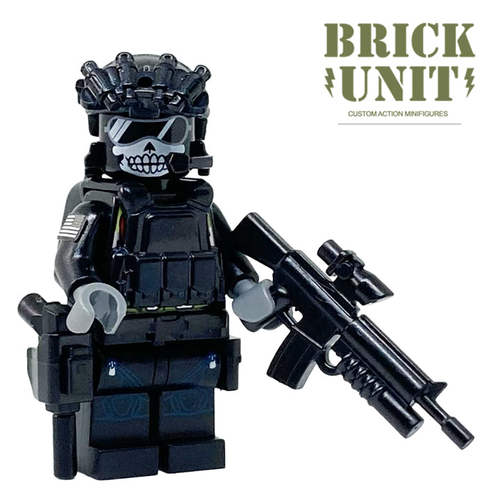 custom lego ghost minifigure,in black uniform,with skull balaclava head,tactical gear and brickarms m4 rifle. 