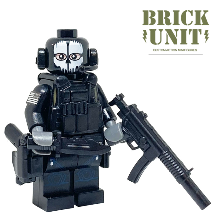 A black custom LEGO ghost minifigure from Brick Unit, featuring iconic cod ghosts skull mask, tactical vest, and MP5SD. The American flag is visible on the arm. 