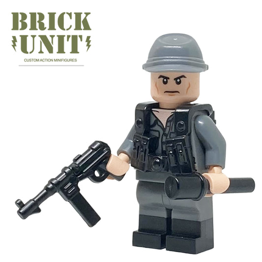 ww2 german officer custom printed  lego minifigure in dark grey uniform,web gear and MP40 ,and cap. 