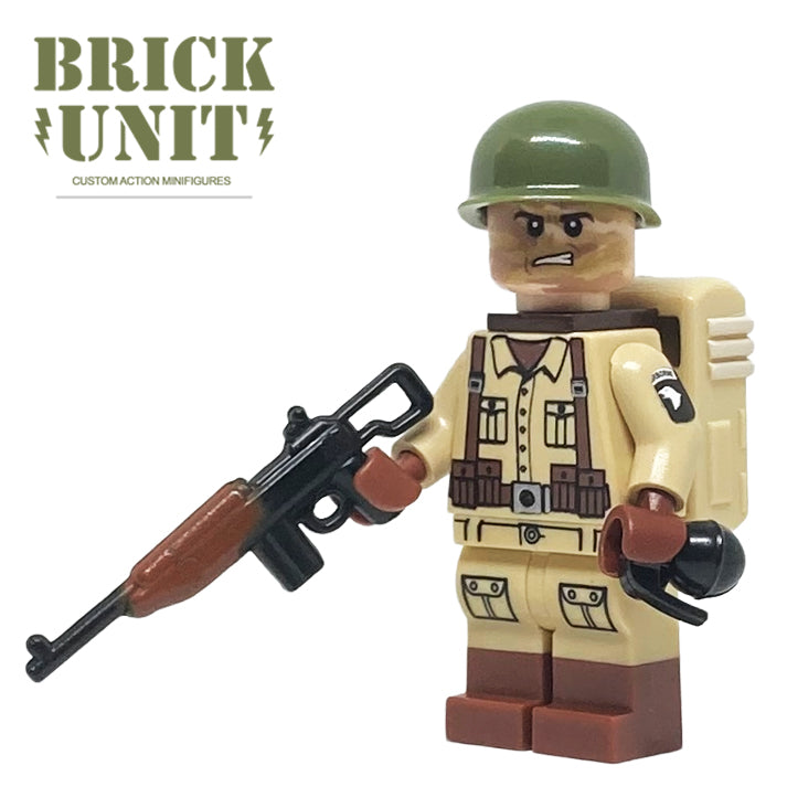 a custom printed lego ww2 us army 101st paratrooper with tan uniform,camo face head,helmet,parachute pack,overmolded M1 carbine para,grenade.
