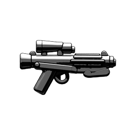A black BrickArms E-11 Blaster toy gun  for Star War lego minifigures